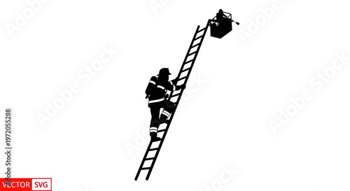 Firefighter Ascends Ladder Towards Aerial Platform Bucket Silhouette