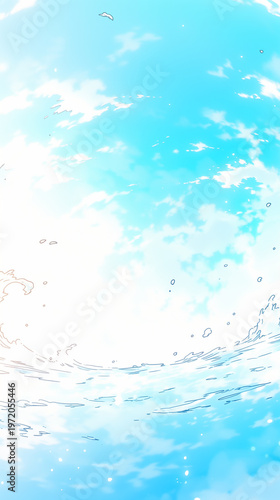 Fresh anime-style sky and water splash background with copy space,青空と水しぶきの爽やかなアニメ風背景（コピースペースあり）
