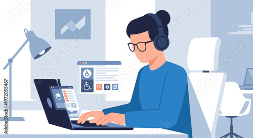 Professional web developer creating accessible digital content and user-friendly websites, focusing on inclusivity and universal design principles for all users.