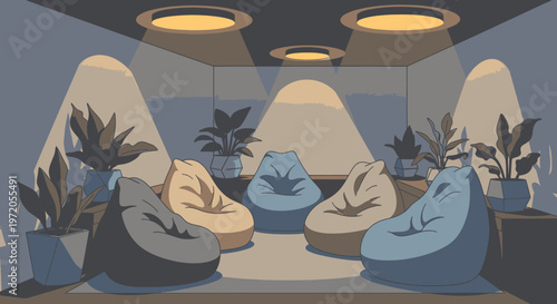 Relaxed modern lounge illustration featuring comfortable bean bag chairs, potted plants, and soft ambient lighting for informal meetings and creative work.