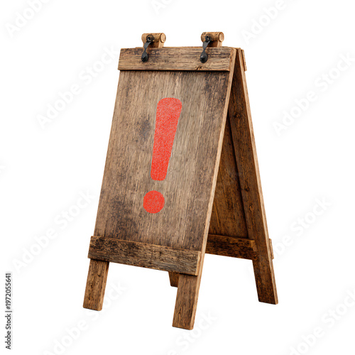 Isolated Wooden Sandwich Board Sign with Exclamation Mark - Professional Quality Stock Photo