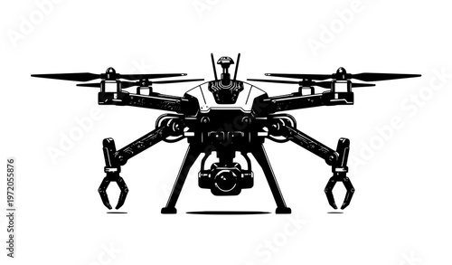 High-tech drone with robotic manipulator arms vector illustration