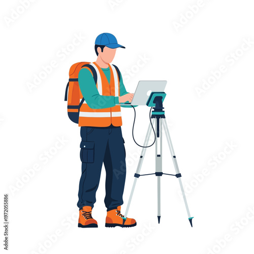 Surveyor with laptop and surveying equipment, professional land surveyor in reflective vest and backpack standing with survey tripod and laptop on white background, illustration