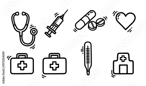 Sticker style medical doodle icons bold outline healthcare symbols vector set