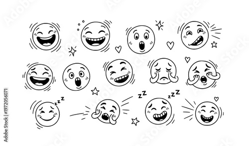 Playful abstract smiley emotions doodle set hand drawn funny face icons vector illustration