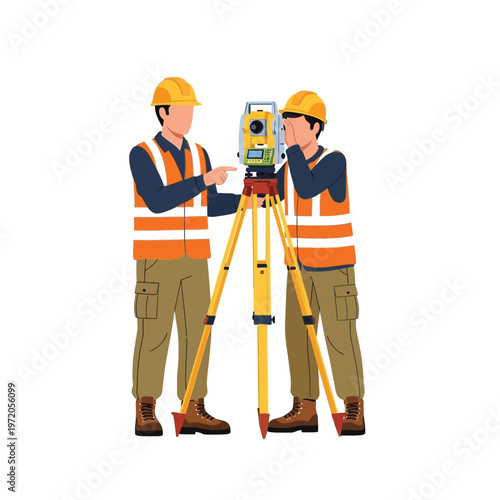 Professional land surveyors in safety gear operating total station equipment for precise site measurements, essential for construction and engineering projects, flat vector illustration