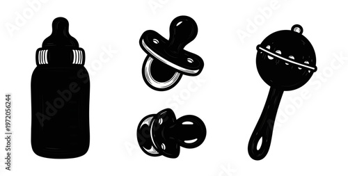 Baby accessories illustration bottle pacifier and rattle in monochrome