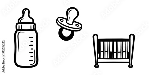Baby essentials bottle pacifier and crib silhouettes