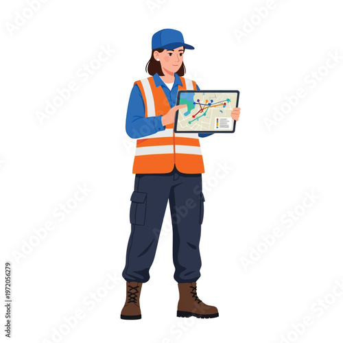 Female worker in high-visibility vest and cap displaying digital map on tablet during site inspection