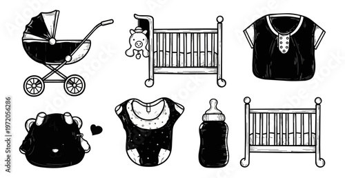 Baby items illustration stroller crib clothes and feeding accessories