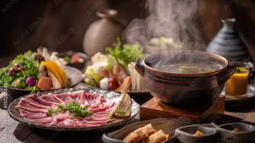 Fototapeta premium Delicious Hotpot with Fresh Ingredients and Slices of Meat
