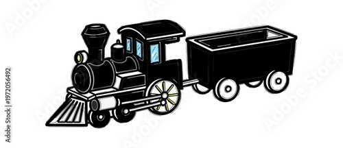 Cartoon steam locomotive and wagon black and white illustration