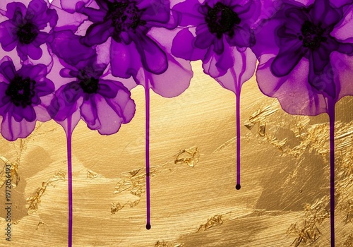 Abstract Purple Alcohol Ink Flowers with Dripping Paint on Textured Gold Foil Background