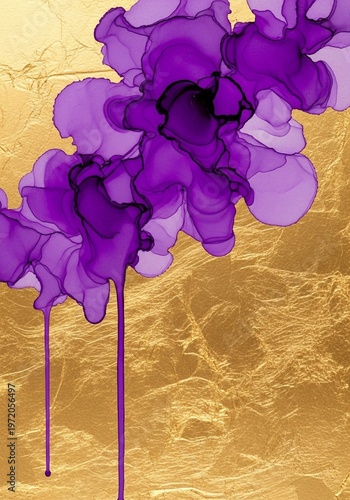 Abstract Purple Alcohol Ink Flowers with Dripping Paint on Textured Gold Foil Background