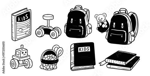 Illustrated study supplies and playthings for children against black background