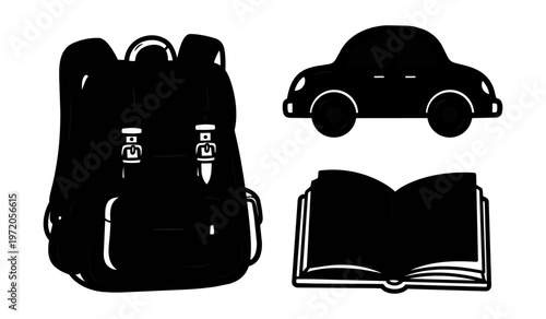 School supplies illustration backpack and book silhouettes