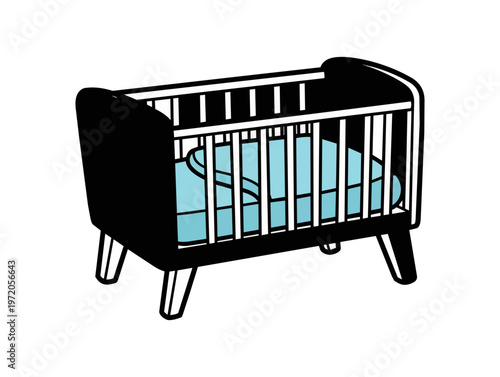 Minimalist illustration of a baby crib on a black background