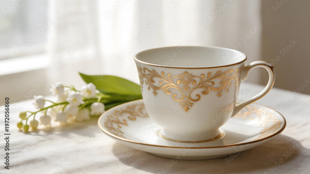 Fototapeta premium regularizing. Elegant white porcelain teacup with gold filigree patterns, soft window light highlighting delicate details. bar promotions.