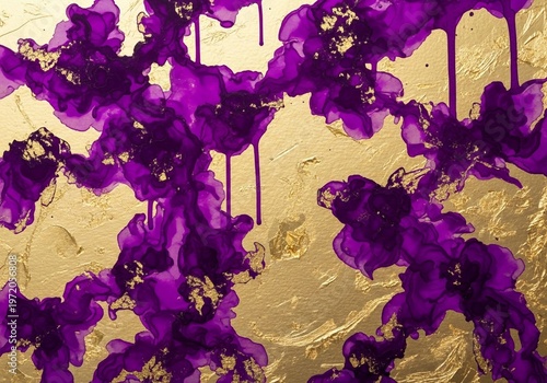 Abstract Purple Alcohol Ink Flowers with Dripping Paint on Textured Gold Foil Background