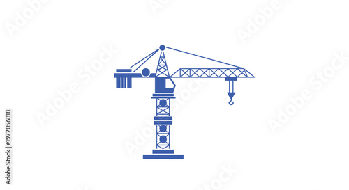 Blue Construction Crane Silhouette on White Background, Isolated.