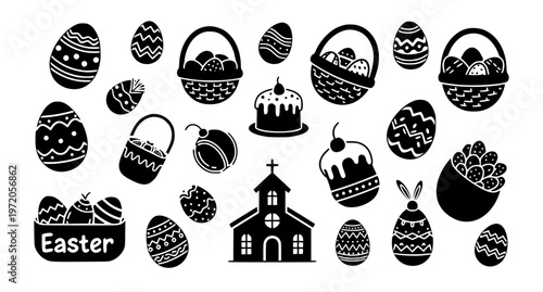 Creative Easter icon collection with eggs basket cake church and egg hunt elements vector isolated on white
