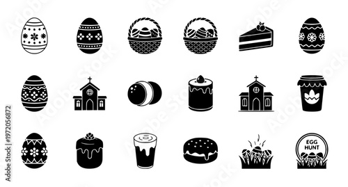 Easter celebration icon set with eggs basket cake church and egg hunt symbols vector isolated on white
