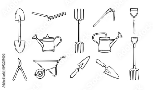 Vintage farming and gardening tools line art vector set black and white hand drawn agricultural icons isolated on white