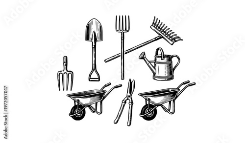 Vintage farming and gardening tools line art vector set black and white hand drawn agricultural icons isolated on white