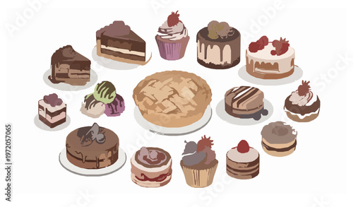 Elegant hand drawn desserts set with cakes pies cupcakes and ice cream premium food vector isolated on white