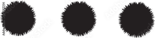 Trio of black spiky sunburst shapes with jagged furry edges for abstract graphic design elements and creative silhouette projectst