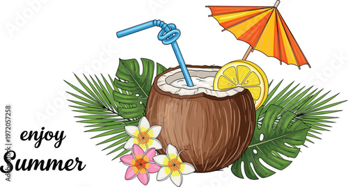 Enjoy summer vector illustration, tropical coconut cocktail with blue straw and orange umbrella, exotic palm leaves and frangipani flowers isolated on white background,
