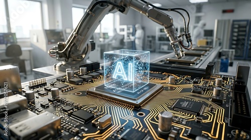 Futuristic AI technology integrated with advanced robotics on a complex circuit board symbolizing innovation and the digital future of engineering and development
