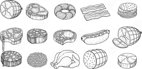 Meat product vector illustration set, assorted steaks bacon chicken sausage hotdog and salami icons, butcher shop collection isolated on white background, professional food graphics.