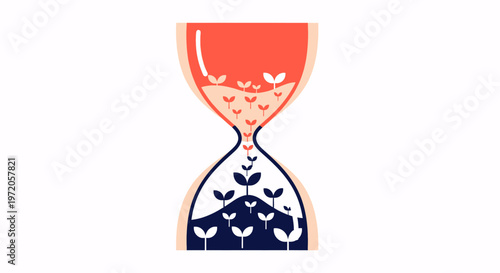 Sustainable growth and environmental development flowing through an hourglass, symbolizing the passage of time, future investment, and ecological progress.