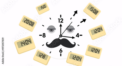 Whimsical clock face with a mustache and sleepy eyes, surrounded by various digital clocks, illustrating the concept of time, scheduling, deadlines, and daily routines.