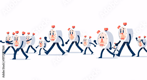 Cartoon alarm clocks with faces and limbs marching, symbolizing relentless time, urgency, deadlines, and the fast pace of modern life.
