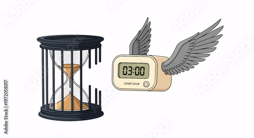 Countdown timer with hourglass and winged clock for time management