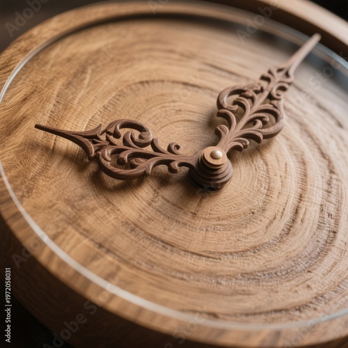 Wooden Clock with Carved Hands A wooden clock with intricately c