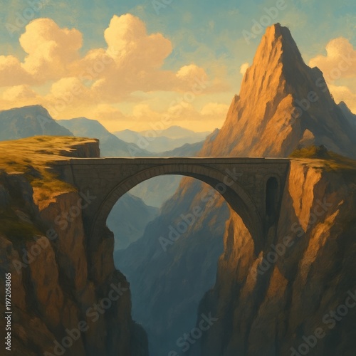 A bridge spanning a chasm between two peaks Overcoming divides a