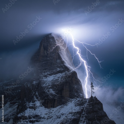 A lightning bolt striking the peak Sudden change and overcoming