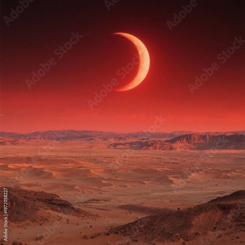 A total lunar eclipse casting a reddish hue over a vast desert l