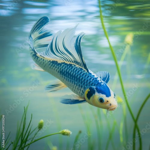 A variety of blues and greens are sprayed in a swirling motion a