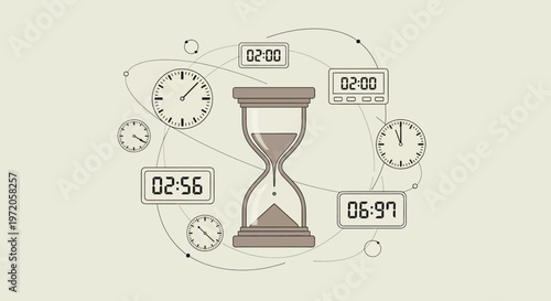 Countdown timer concept with hourglass and clocks for time management