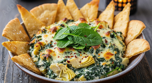 A delicious spinach and artichoke dip served with crispy tortilla chips in a bowl