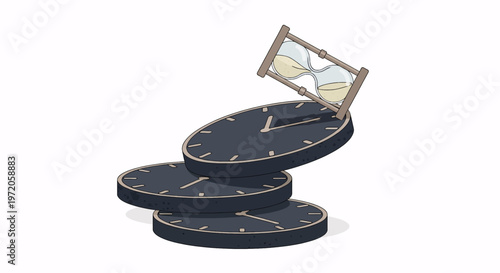 Conceptual image of stacked clocks and an hourglass, representing the critical importance of time management, countdowns, deadlines, and efficient planning.