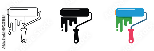 Paint roller icon set, paint symbols including brush, color, paint, renovation, interior, work tool, and art, outline, flat, and colored style, editable vector illustrations