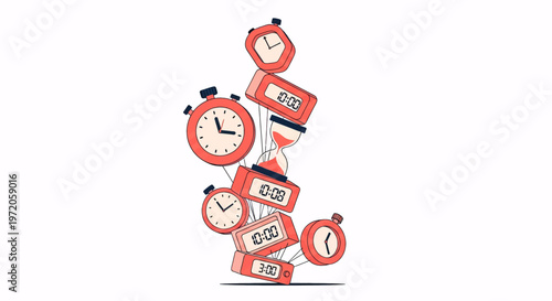 Falling clocks and timers illustration representing urgent deadlines, time management challenges, countdown pressure, and the concept of running out of time.