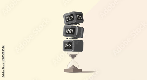 Stack of digital clocks and hourglass symbolizing time management, countdown, and the passage of time.