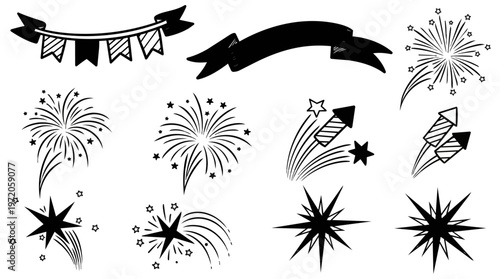 Abstract festive elements in white on black background