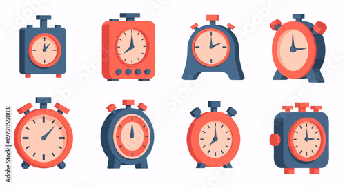 Collection of retro alarm clocks and stopwatches in a flat design style, representing time management and deadlines.